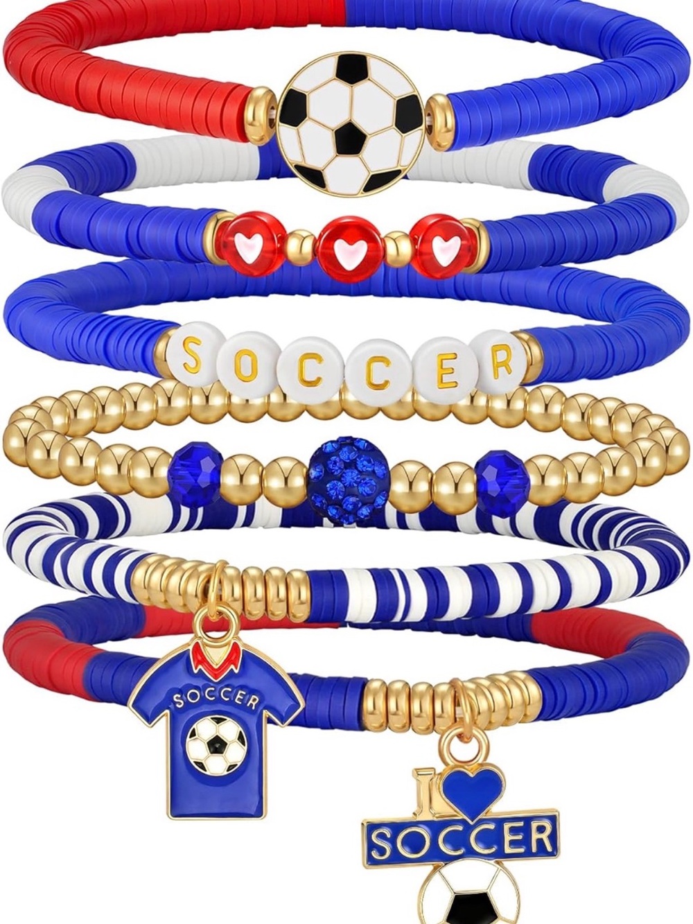 Soccer Futbol Stretch Bracelet Stack Set USA Blue, Red & White NWOT